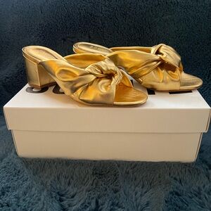 Schutz Mindy Mid Block Metallic Leather Sandal - 6.5 / Gold / Metallic Leather